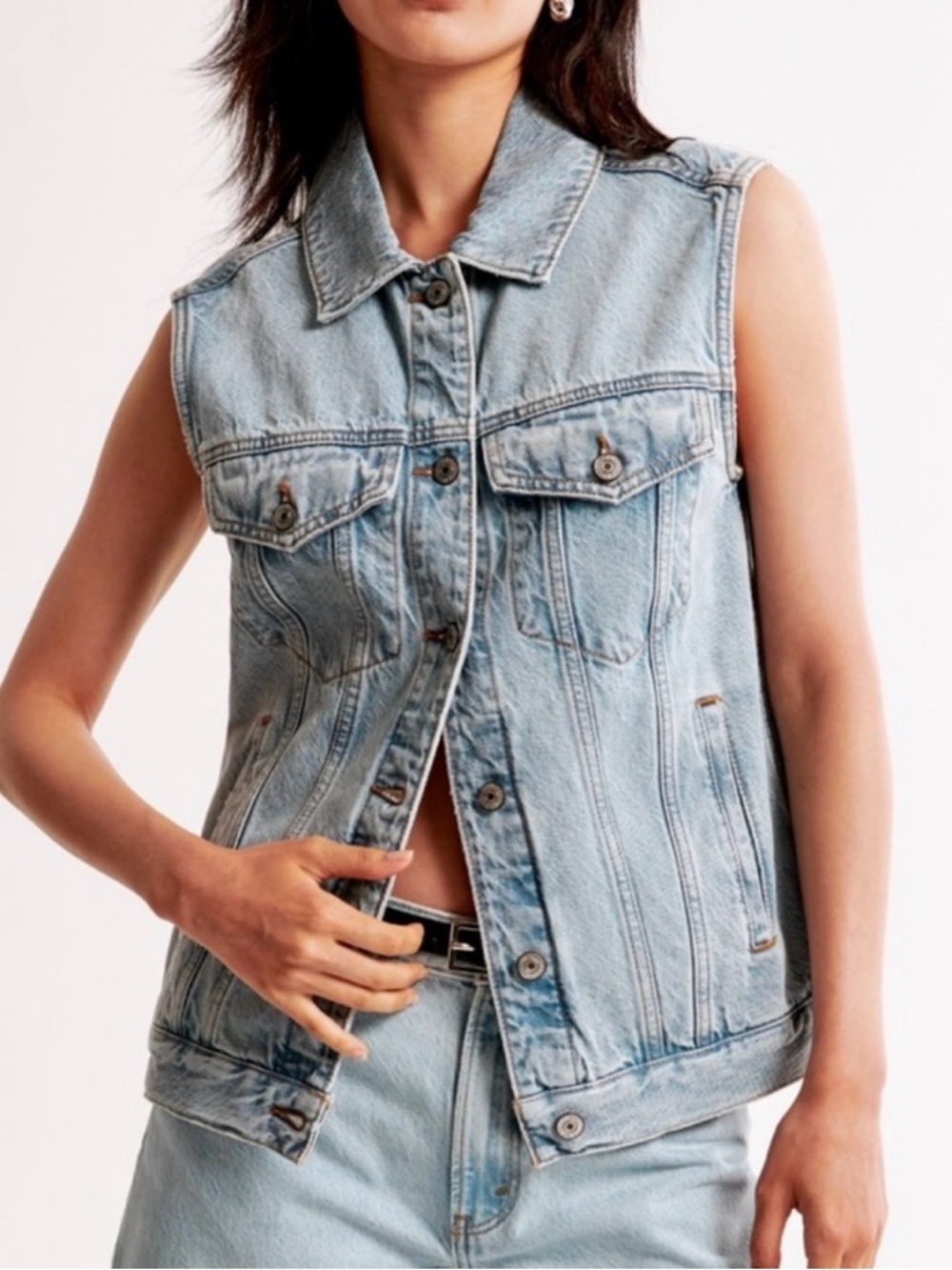 Abercrombie & Fitch Blue Denim Jacket Vest Oversized Fit Retro